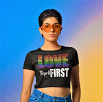 Load image into Gallery viewer, LGBTQ Love Thyself First Rhinestone Crop Top T-shirt
