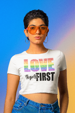 Load image into Gallery viewer, LGBTQ Love Thyself First Rhinestone Crop Top T-shirt