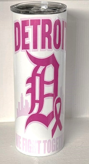 Detroit We Fight Together Breast Cancer Tumbler With Clear Lid and Straw