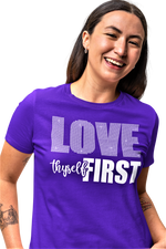 Load image into Gallery viewer, Women&#39;s Rhinestone Love Thyself First Semi-Fitted T-shirt
