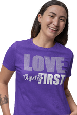 Load image into Gallery viewer, Women's Rhinestone Love Thyself First Semi-Fitted T-shirt
