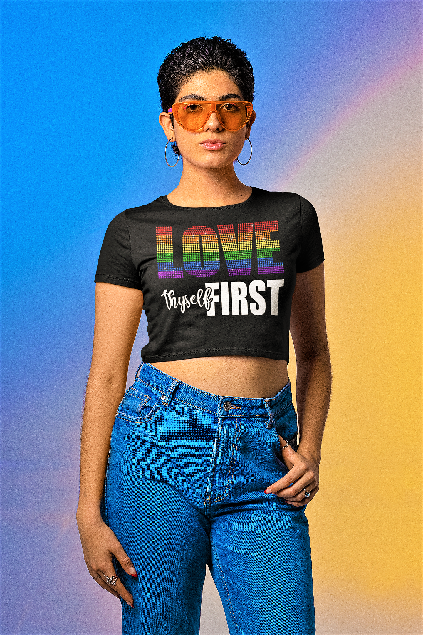 LGBTQ Love Thyself First Rhinestone Crop Top T-shirt