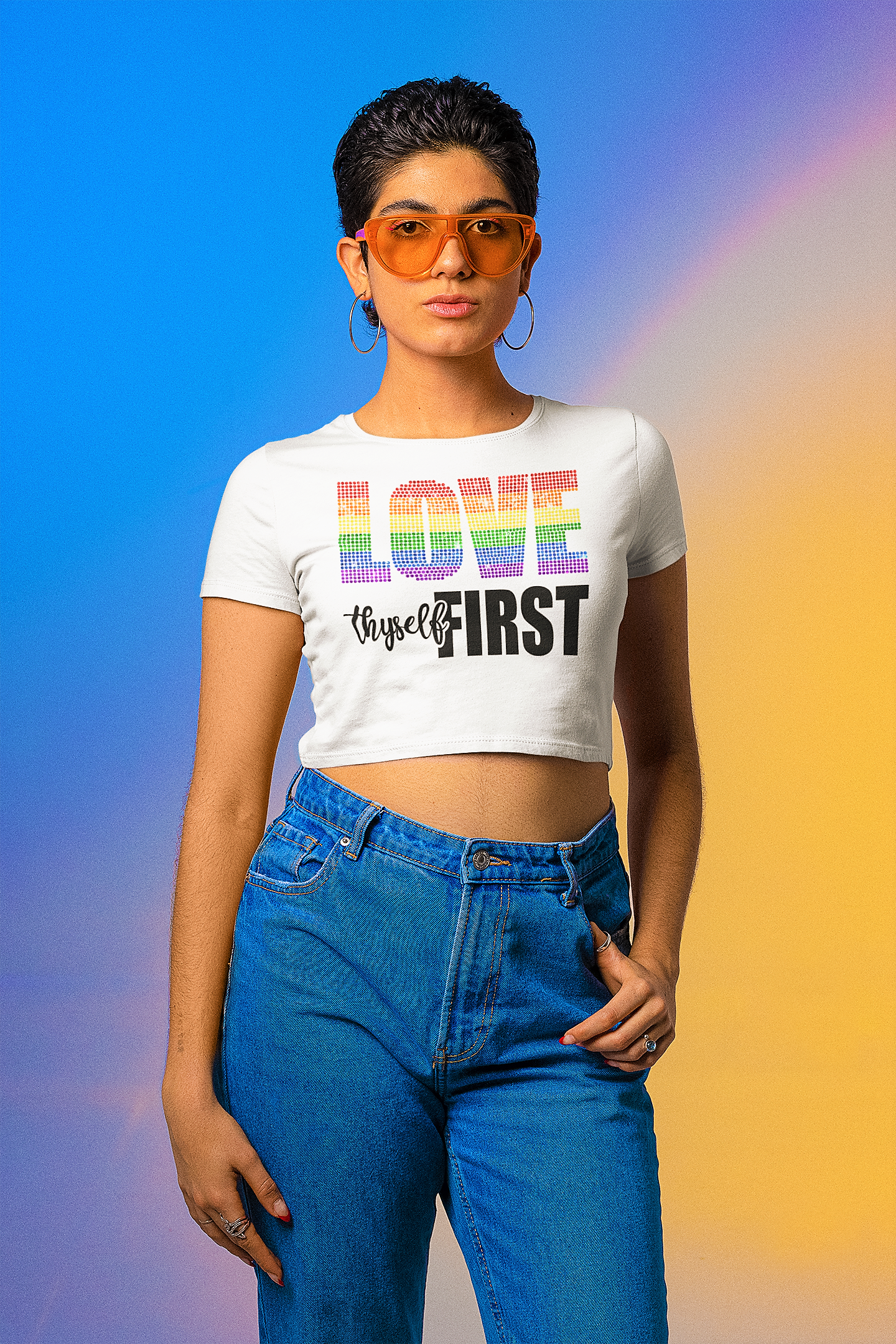 LGBTQ Love Thyself First Rhinestone Crop Top T-shirt