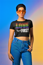 Load image into Gallery viewer, LGBTQ Love Thyself First Rhinestone Crop Top T-shirt
