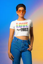 Load image into Gallery viewer, LGBTQ Love Thyself First Rhinestone Crop Top T-shirt
