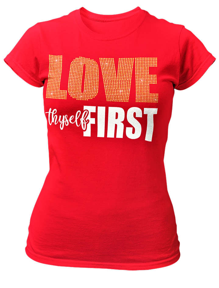 Women's Rhinestone Love Thyself First Semi-Fitted T-shirt