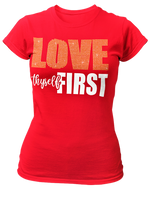 Load image into Gallery viewer, Women&#39;s Rhinestone Love Thyself First Semi-Fitted T-shirt
