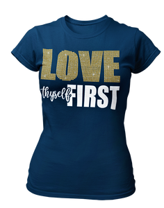 Women's Rhinestone Love Thyself First Semi-Fitted T-shirt