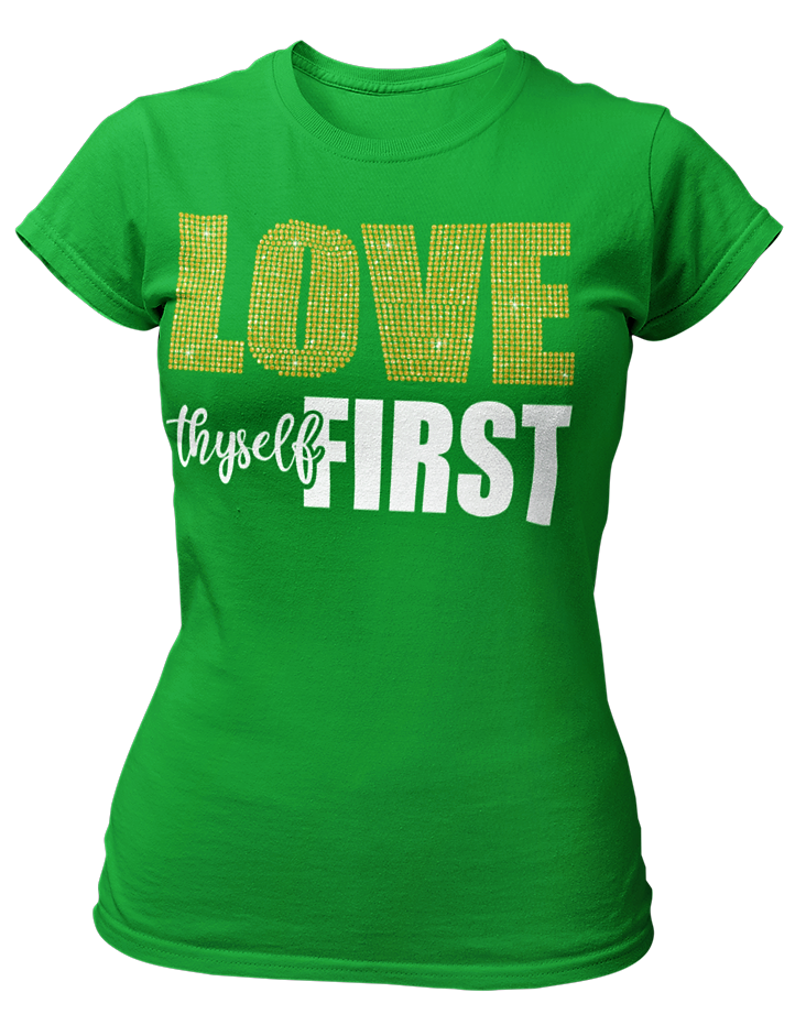 Women's Rhinestone Love Thyself First Semi-Fitted T-shirt