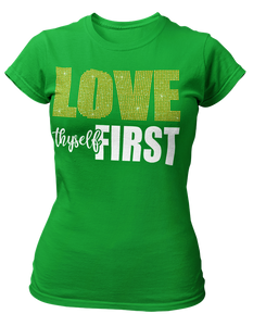 Women's Rhinestone Love Thyself First Semi-Fitted T-shirt