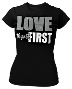 Load image into Gallery viewer, Women&#39;s Rhinestone Love Thyself First Semi-Fitted T-shirt
