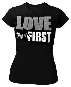 Women's Rhinestone Love Thyself First Semi-Fitted T-shirt