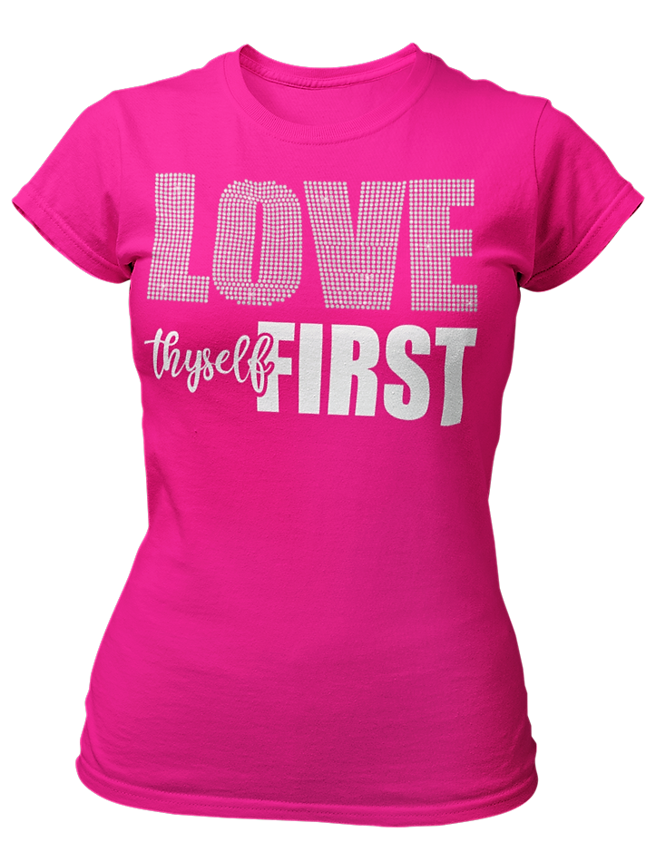 Women's Rhinestone Love Thyself First Semi-Fitted T-shirt