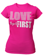 Load image into Gallery viewer, Women&#39;s Rhinestone Love Thyself First Semi-Fitted T-shirt
