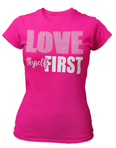 Women's Rhinestone Love Thyself First Semi-Fitted T-shirt