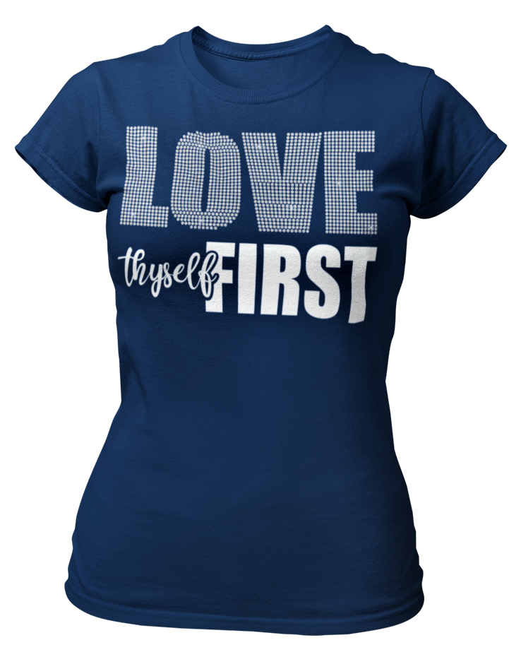 Women's Rhinestone Love Thyself First Semi-Fitted T-shirt