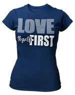 Load image into Gallery viewer, Women&#39;s Rhinestone Love Thyself First Semi-Fitted T-shirt
