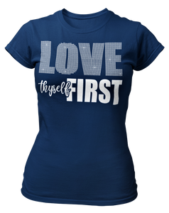 Women's Rhinestone Love Thyself First Semi-Fitted T-shirt