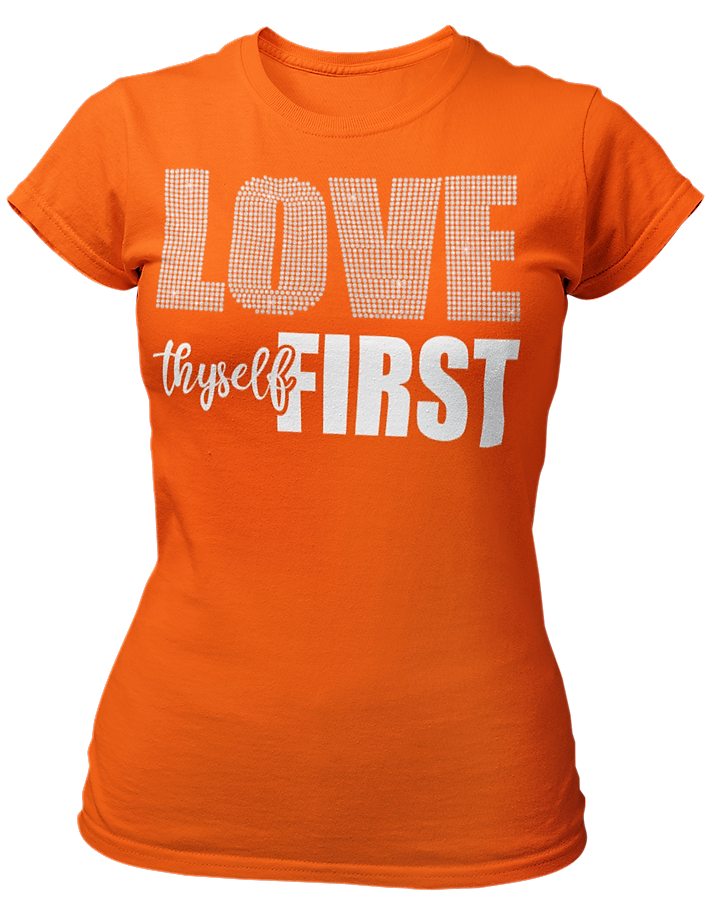 Women's Rhinestone Love Thyself First Semi-Fitted T-shirt