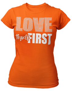 Women's Rhinestone Love Thyself First Semi-Fitted T-shirt