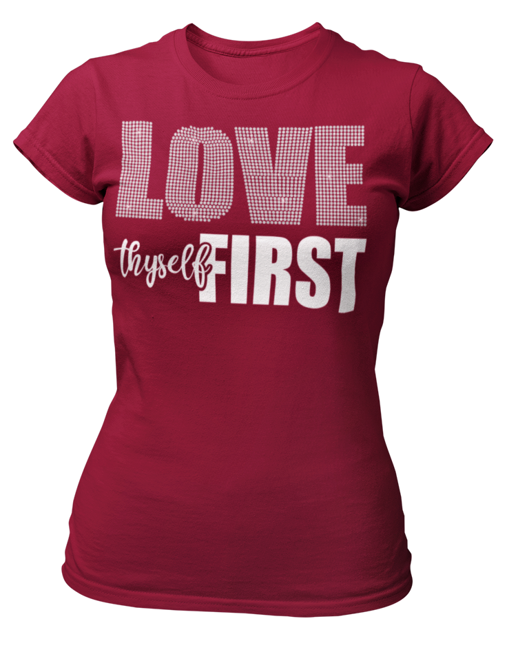 Women's Rhinestone Love Thyself First Semi-Fitted T-shirt