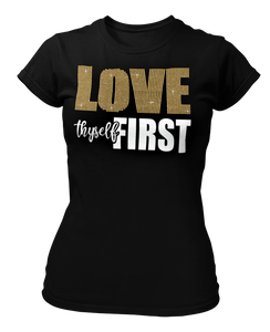 Women's Rhinestone Love Thyself First Semi-Fitted T-shirt