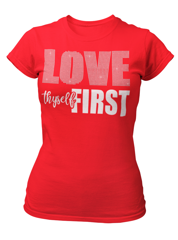 Women's Rhinestone Love Thyself First Semi-Fitted T-shirt