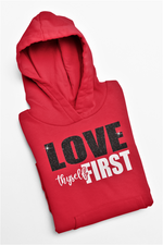 Load image into Gallery viewer, Girls Original Love Thyself First Glitter Hoodie
