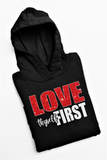 Load image into Gallery viewer, Girls Original Love Thyself First Glitter Hoodie
