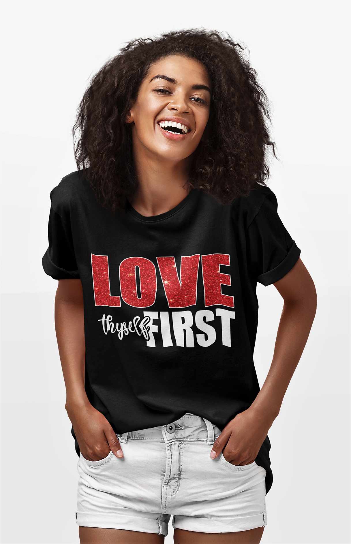 Women's Glittered Love Thyself First Regular T-shirt