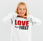 Load image into Gallery viewer, Girls Original Love Thyself First Glitter Sweatshirt
