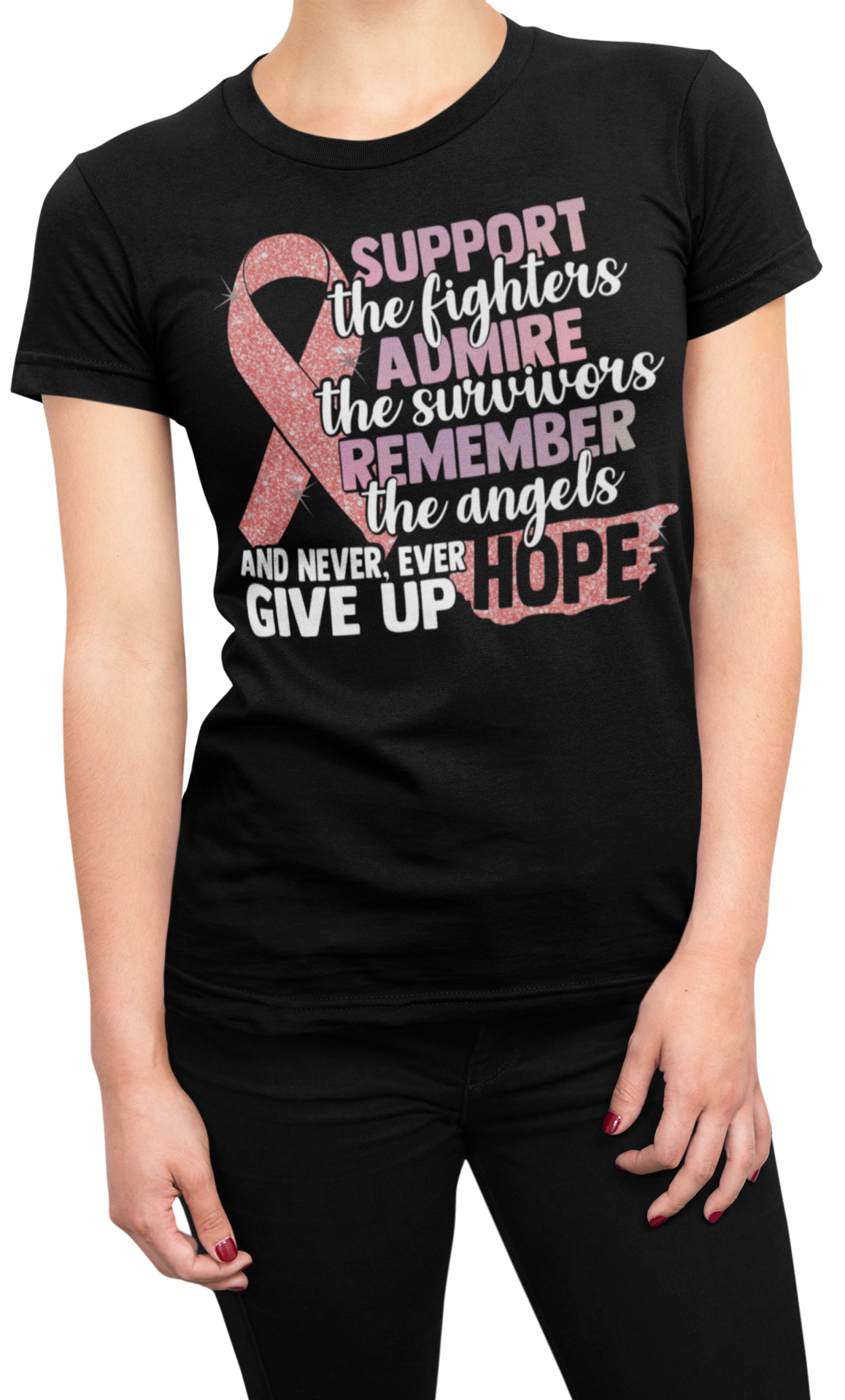 Support the fighter, Inspire the Survivor, Remember the  Angels Glitter Breast Cancer Awareness Women's Crew /V-Neck - Cre8tive Cre8tions