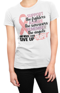 Women's Support the fighter, Inspire the Survivor, Remember the  Angels Glitter Breast Cancer Awareness  Crew Neck T-shirt