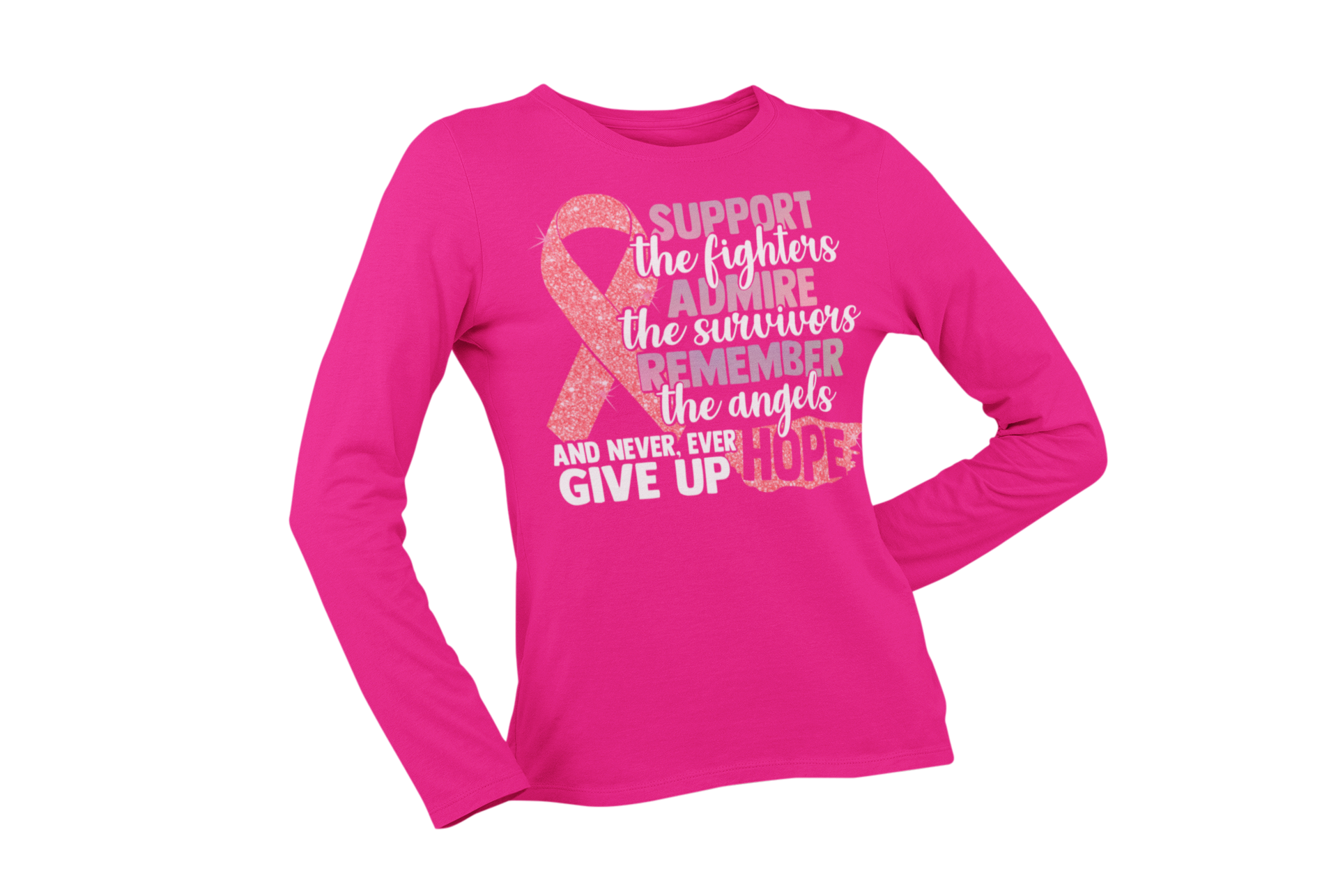 Support the fighter, Inspire the Survivor, Remember the  Angels Glitter Breast Cancer Awareness Long Sleeve Women's T-shirt - Cre8tive Cre8tions