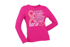 Support the fighter, Inspire the Survivor, Remember the  Angels Glitter Breast Cancer Awareness Long Sleeve Women's T-shirt - Cre8tive Cre8tions