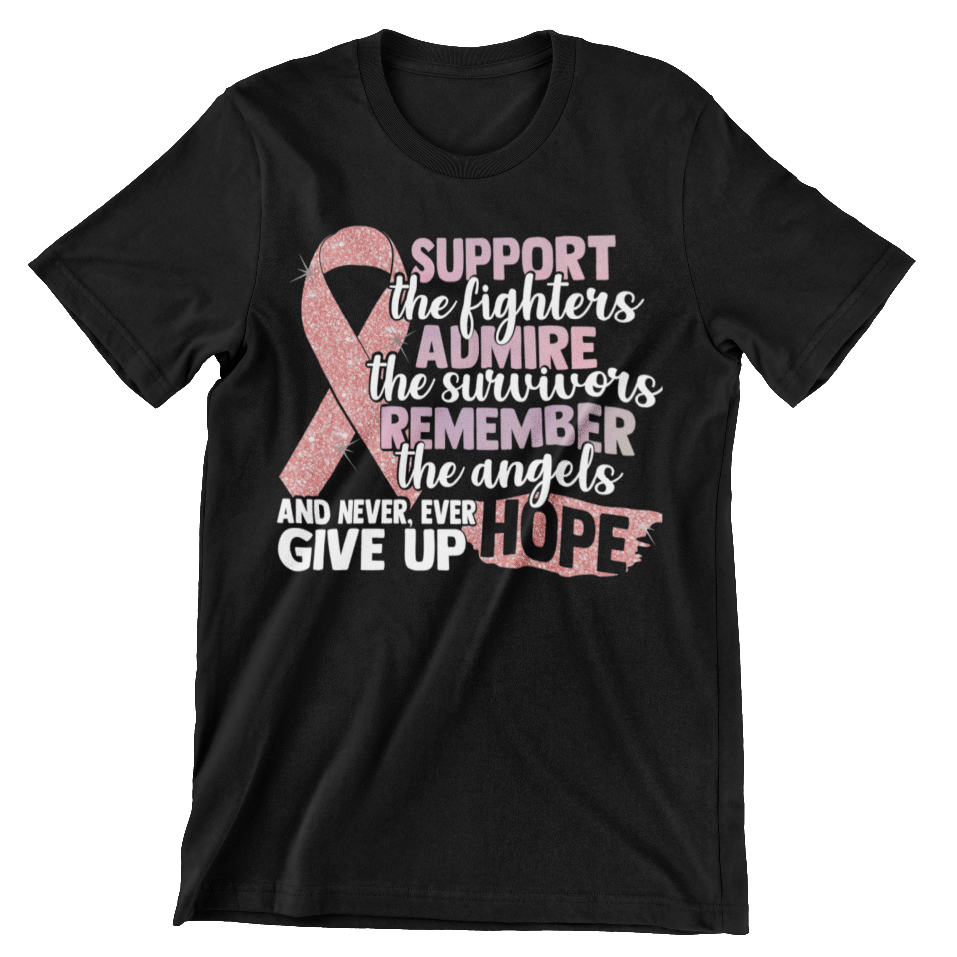 Support the fighter, Inspire the Survivor, Remember the  Angels Glitter Breast Cancer Awareness T-shirt - Cre8tive Cre8tions
