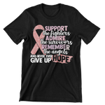Load image into Gallery viewer, Support the fighter, Inspire the Survivor, Remember the  Angels Glitter Breast Cancer Awareness T-shirt - Cre8tive Cre8tions
