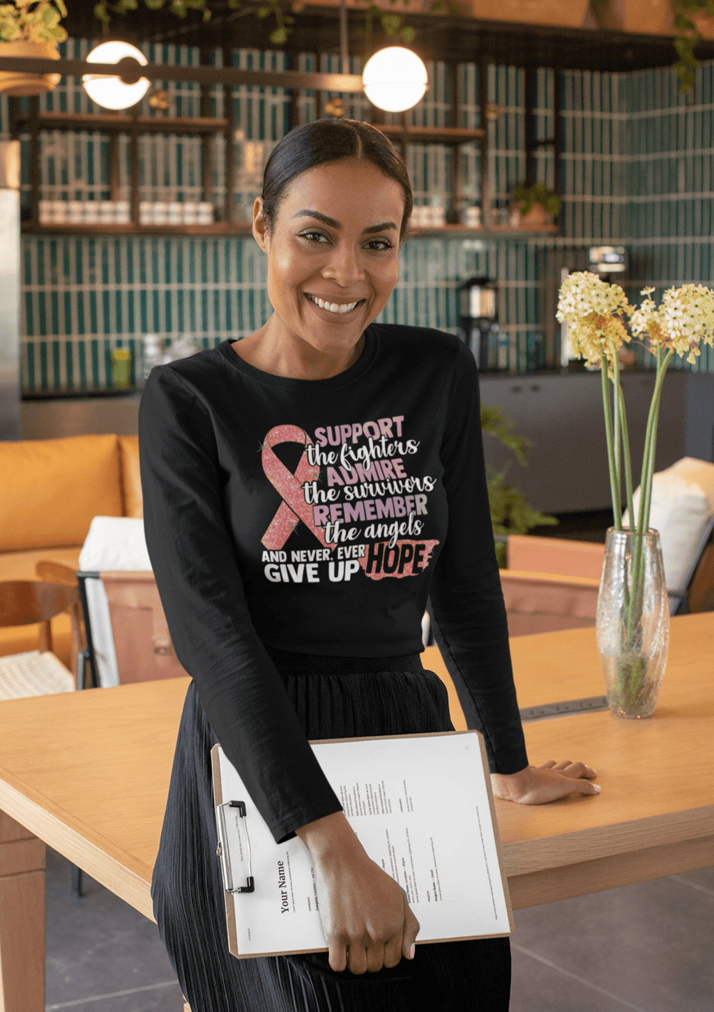 Support the fighter, Inspire the Survivor, Remember the  Angels Glitter Breast Cancer Awareness Long Sleeve Women's T-shirt - Cre8tive Cre8tions