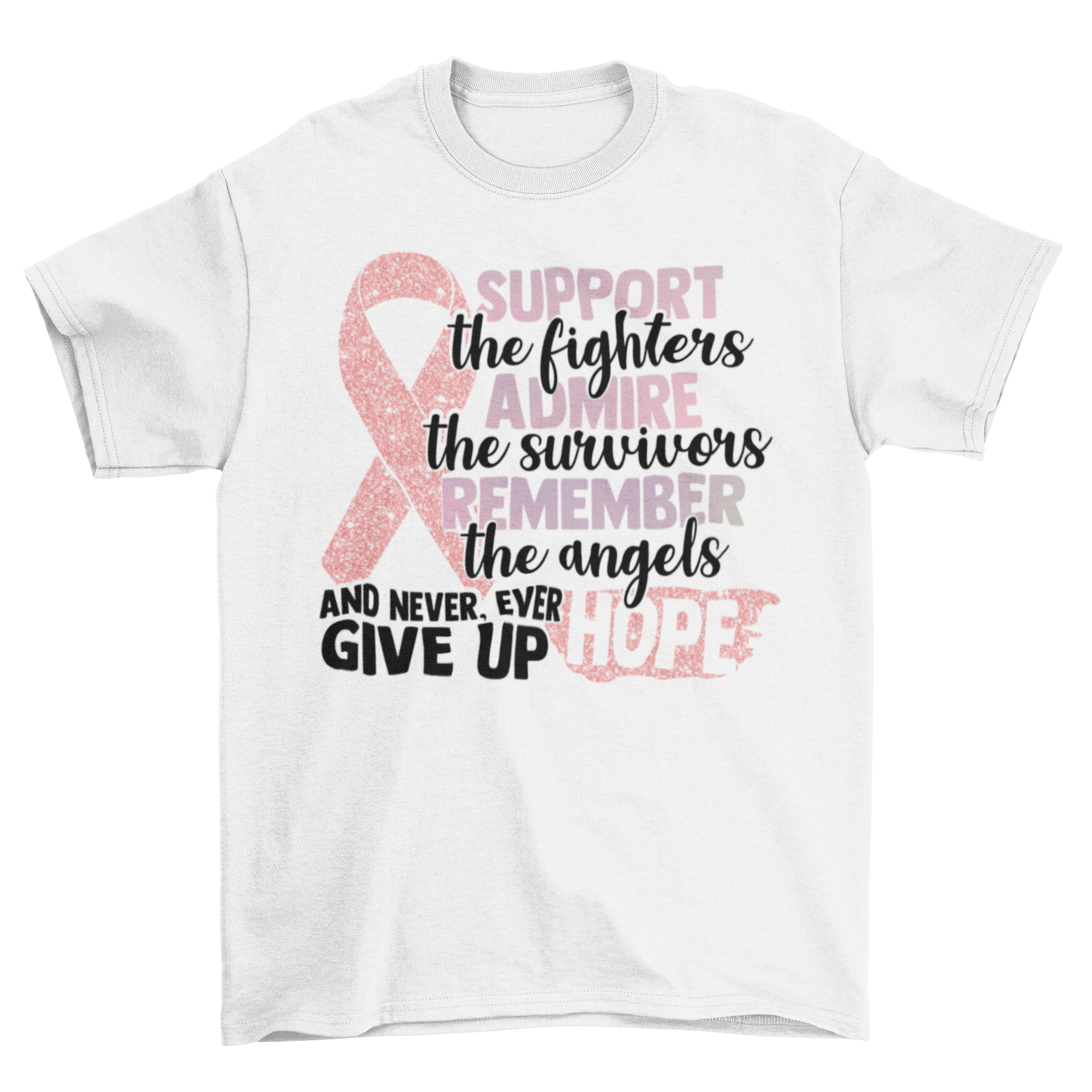 Women's Support the fighter, Inspire the Survivor, Remember the  Angels Glitter Breast Cancer Awareness Regular T-shirt
