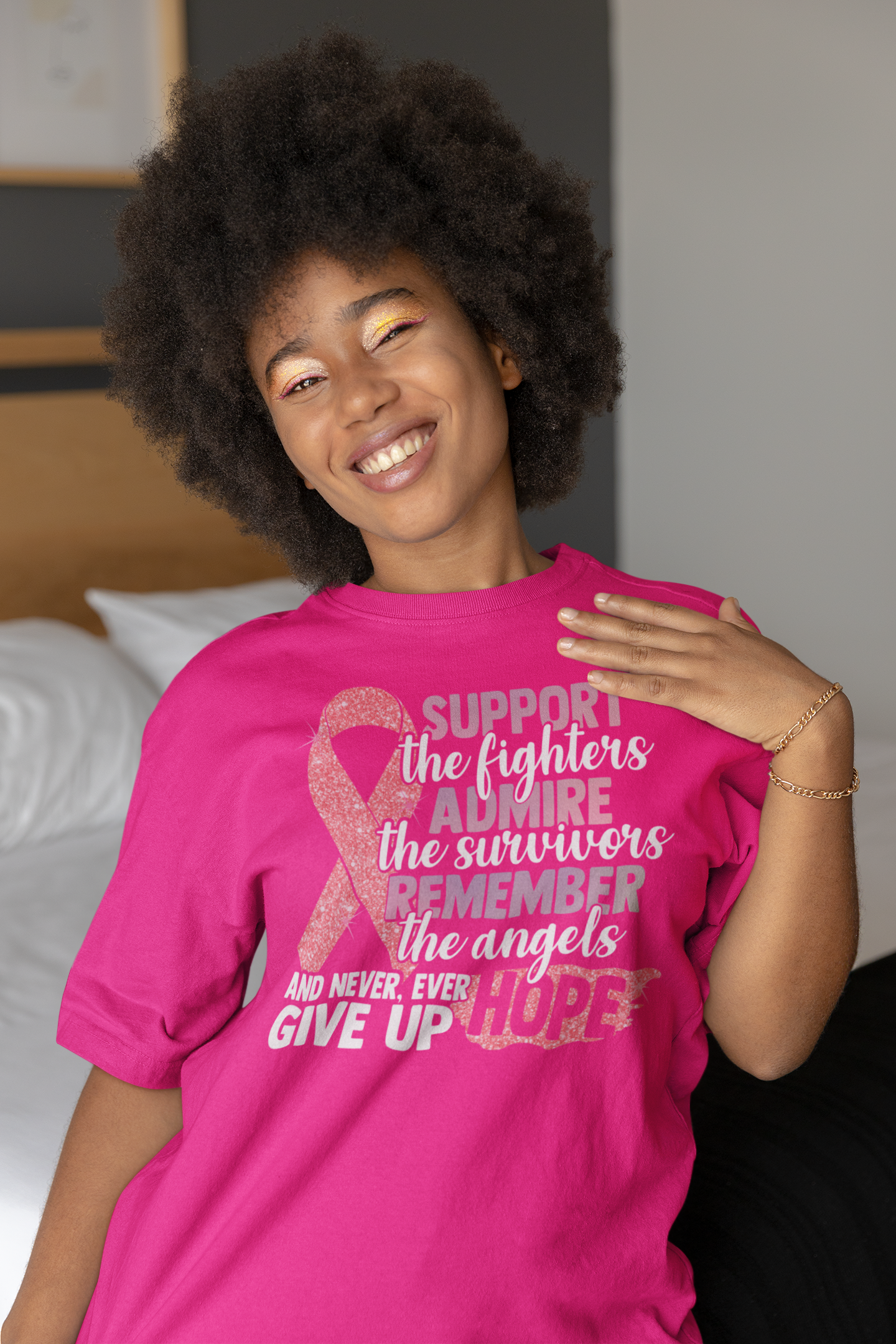 Women's Support the fighter, Inspire the Survivor, Remember the  Angels Glitter Breast Cancer Awareness Regular T-shirt