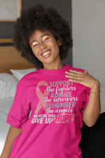 Load image into Gallery viewer, Women&#39;s Support the fighter, Inspire the Survivor, Remember the  Angels Glitter Breast Cancer Awareness Regular T-shirt
