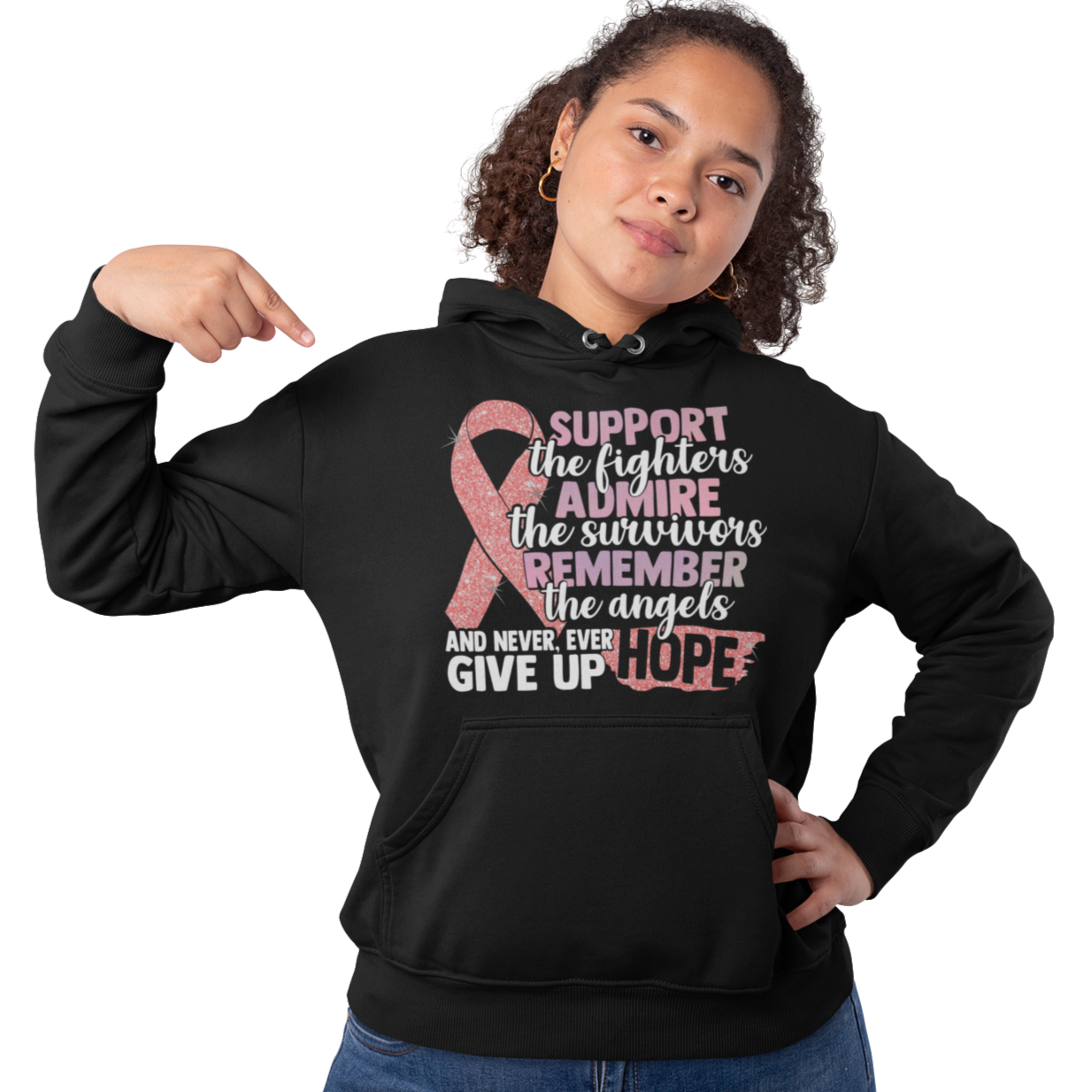 Support the fighter, Inspire the Survivor, Remember the  Angels Glitter Breast Cancer Awareness Hoodie - Cre8tive Cre8tions