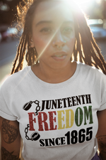 Load image into Gallery viewer, Women&#39;s Juneteenth Freedom Since 1865 Glittered Semi Fitted T-shirt
