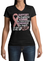 Load image into Gallery viewer, Women&#39;s Support the fighter, Inspire the Survivor, Remember the  Angels Glitter Breast Cancer Awareness Women&#39;s V- Neck
