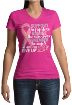 Load image into Gallery viewer, Women&#39;s Support the fighter, Inspire the Survivor, Remember the  Angels Glitter Breast Cancer Awareness Women&#39;s V- Neck
