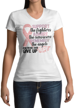 Load image into Gallery viewer, Women&#39;s Support the fighter, Inspire the Survivor, Remember the  Angels Glitter Breast Cancer Awareness Women&#39;s V- Neck
