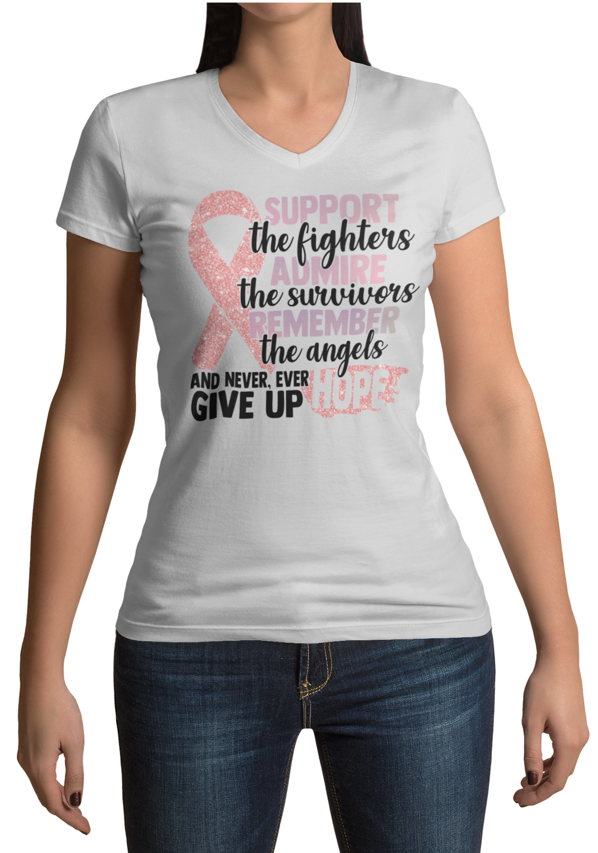 Women's Support the fighter, Inspire the Survivor, Remember the  Angels Glitter Breast Cancer Awareness Women's V- Neck