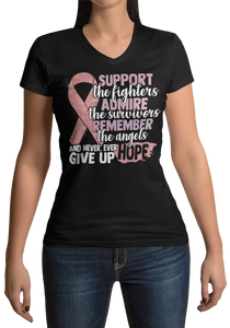 Women's Support the fighter, Inspire the Survivor, Remember the  Angels Glitter Breast Cancer Awareness Women's V- Neck