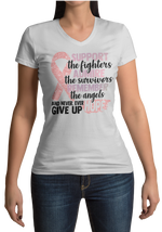 Load image into Gallery viewer, Women&#39;s Support the fighter, Inspire the Survivor, Remember the  Angels Glitter Breast Cancer Awareness Women&#39;s V- Neck
