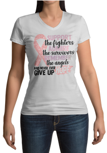 Women's Support the fighter, Inspire the Survivor, Remember the  Angels Glitter Breast Cancer Awareness Women's V- Neck